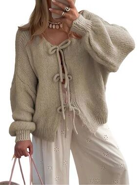 Women's Cream Tie-Front Knit Sweater